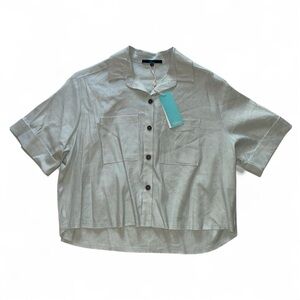Shore Light Blue Linen Oversized Button-Up Shirt with Distressed Hem